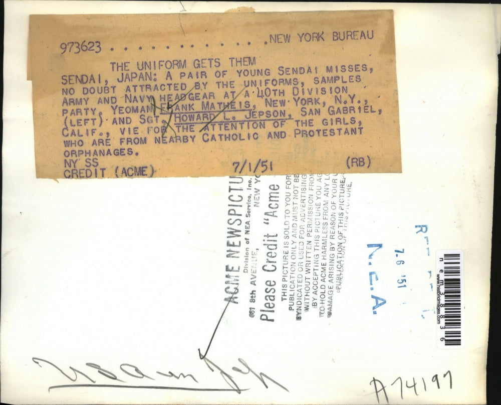 1951 Press Photo Pair of Sendai Misses Attracted by Uniforms & Headgear