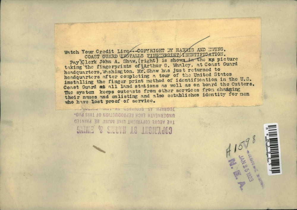 1923 Press Photo Coast Guard Pay clerk John Shaw with new fingerprint ID system