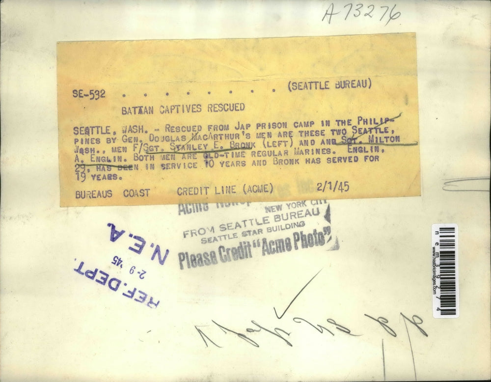 1945 Press Photo Seattle WA f/ Sgt Stanley E Bronk & Sgt Milton Englin