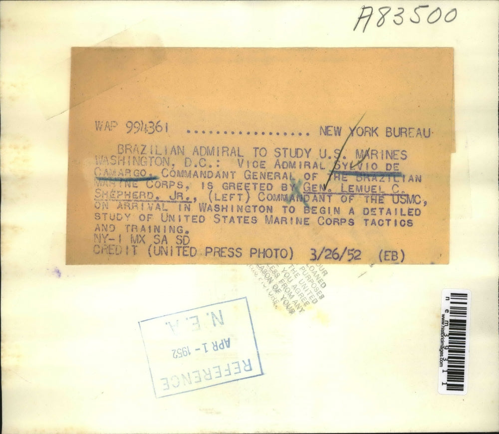 1952 Press Photo Brazilian Admiral to Study U.S. Marines in D.C. - nem39311