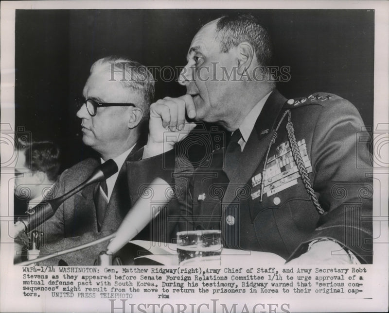 Load image into Gallery viewer, 1954 Press Photo Gen Ridgway &amp; Army Secre Stevens Before Sen Foreign Relations
