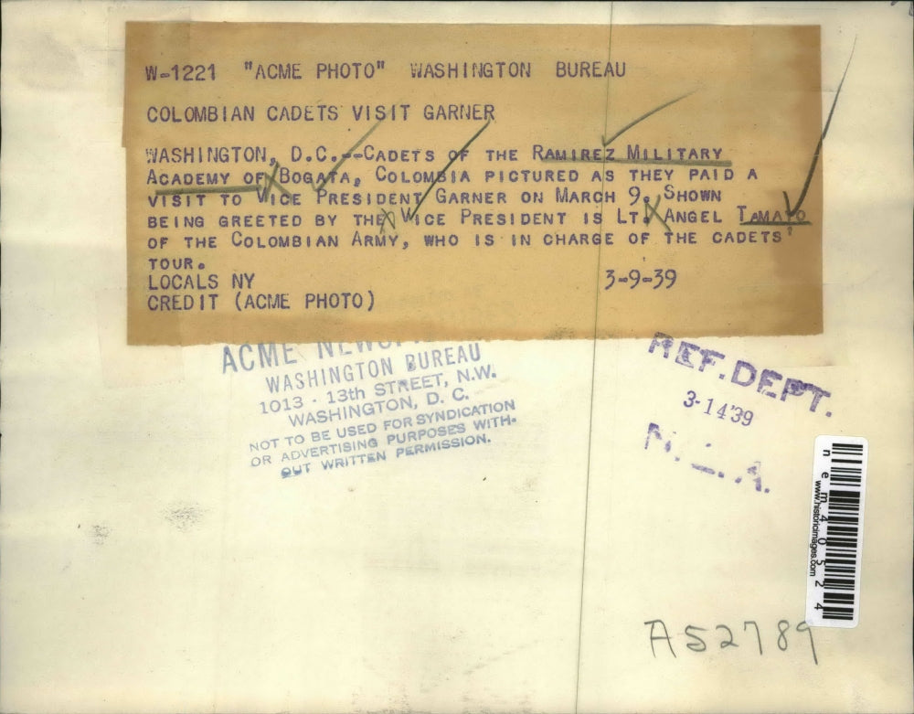 1939 Press Photo DC cadets of Ramirez Military Academy of Columbia visit DC