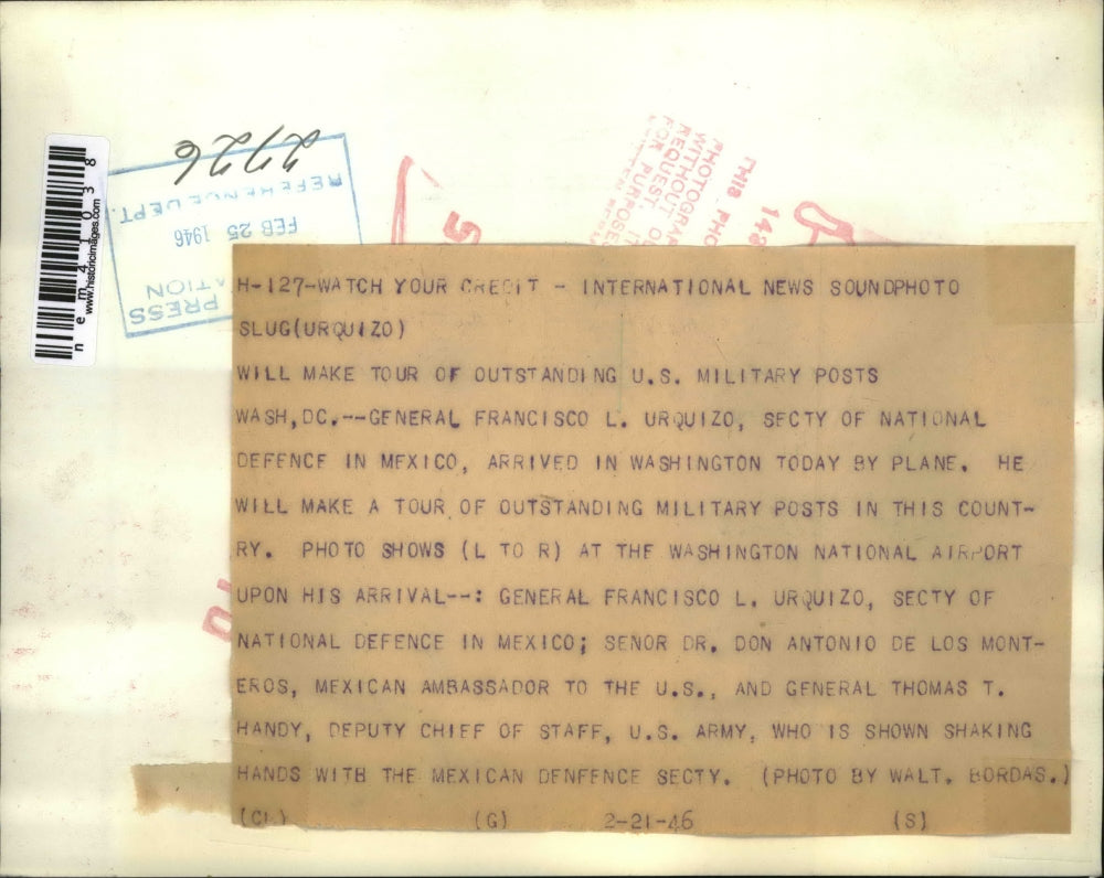 1946 Press Photo Gen Francisco Urquizo of Mexico to tour US military posts