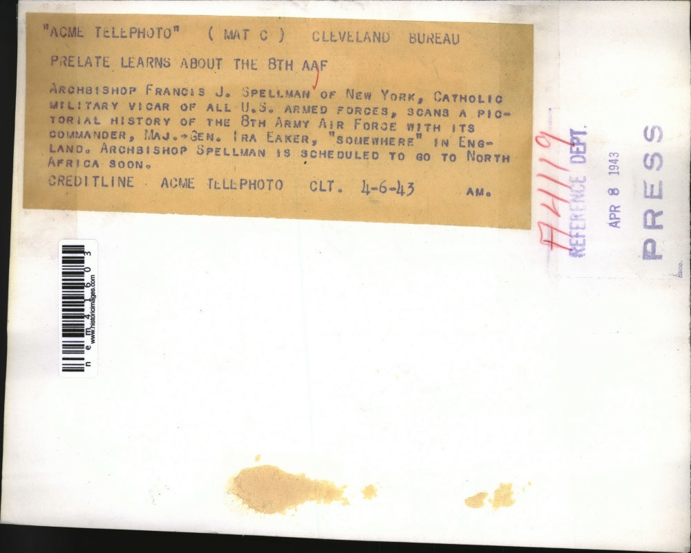 1943 Press Photo Archbishop Francis Spellman looks at pictorial history