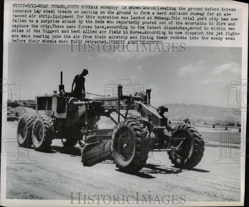 Load image into Gallery viewer, 1950 Press Photo Scraper Leveling Ground Before Korean Laborers Lay Steel Treads
