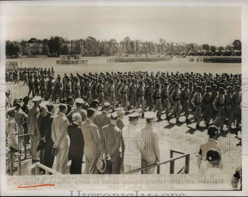 1950 Press Photo Ft Benning GA President Truman review troops at Infantry school