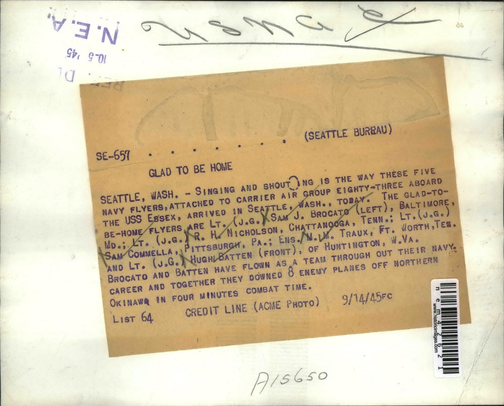 1945 Press Photo Seattke WA Navy fliers Lt jg Sam Brocato, Lt RH Nicholson