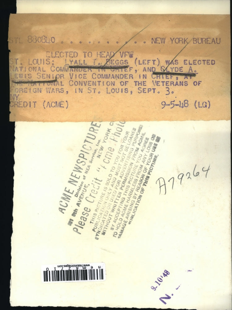 1948 Press Photo St Louis Lyall Beggs, Clyde Lewis VFW Commander & Vice Cmdr