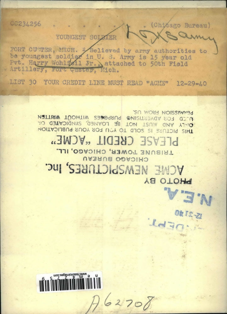 1940 Press Photo Ft Cutter Mich Pvt Harrry Wohlfell Jr age 15 youngest in Army