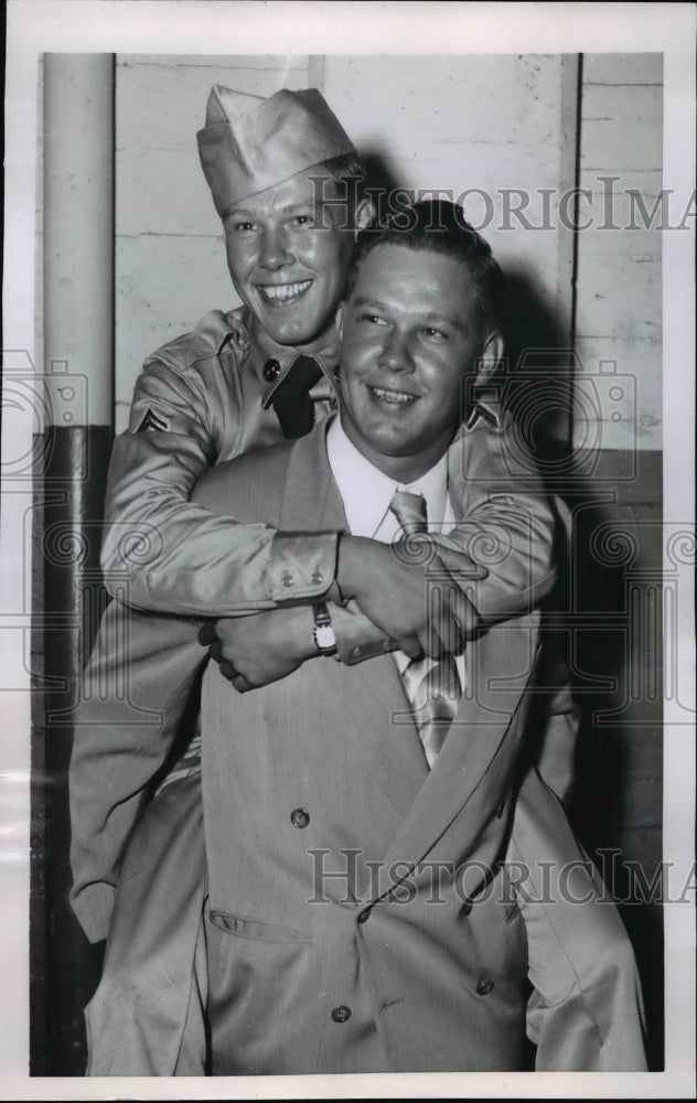 Load image into Gallery viewer, 1953 Press Photo Rex Dodge Receives Piggy-Back Ride From His Twin Brother Robb
