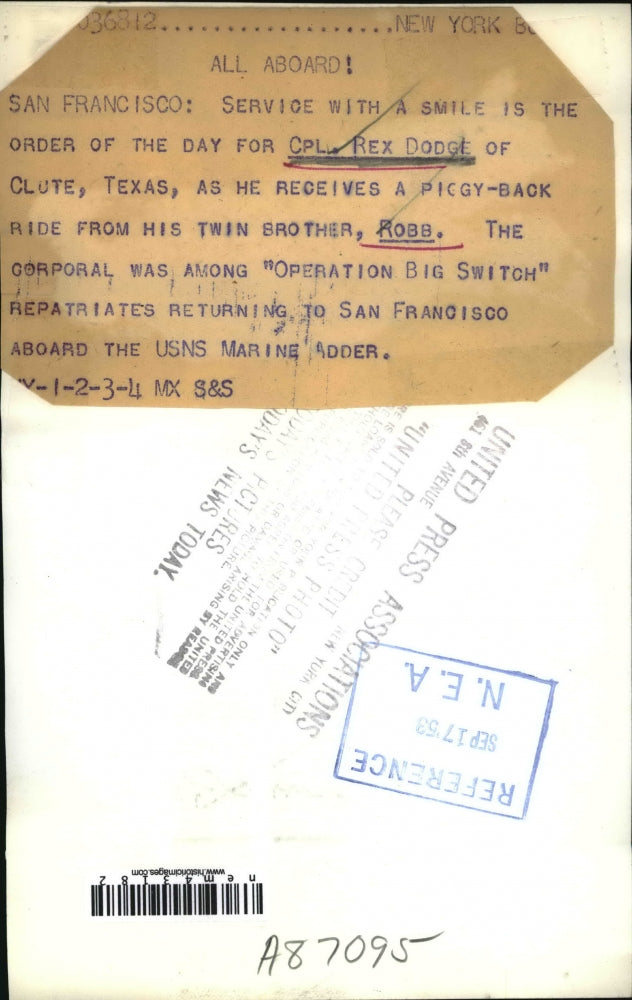 1953 Press Photo Rex Dodge Receives Piggy-Back Ride From His Twin Brother Robb