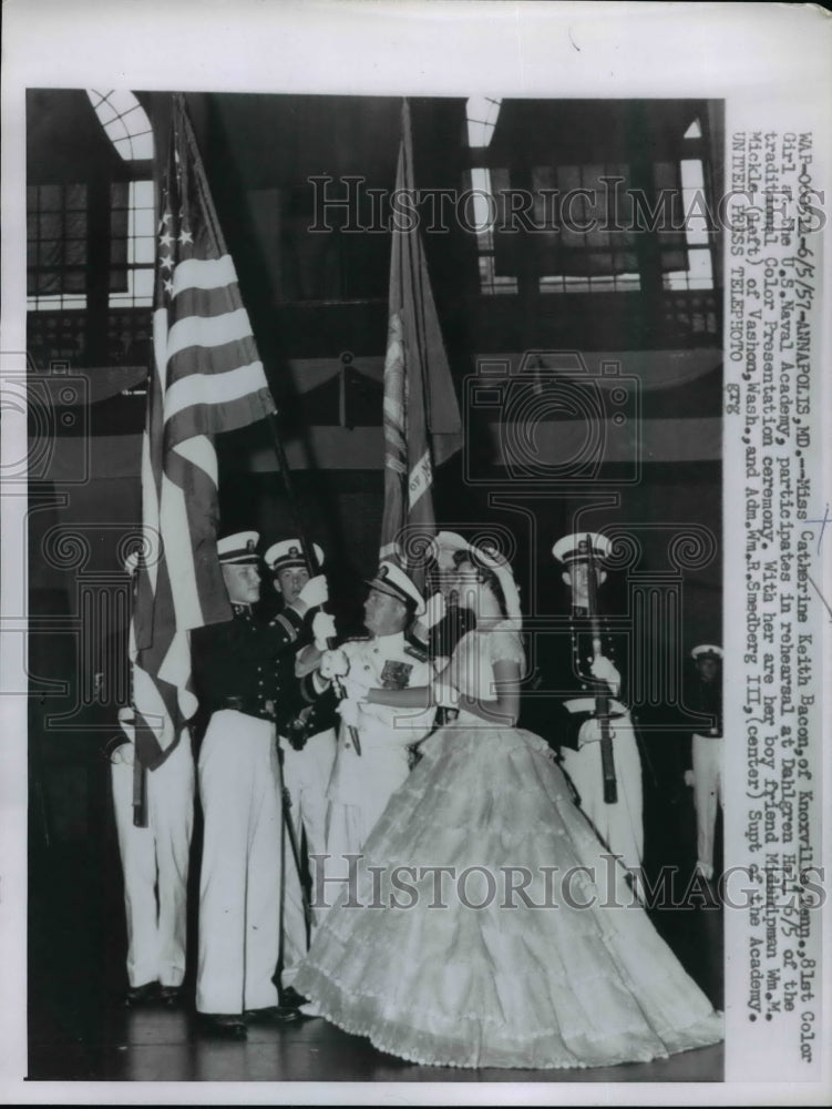 1957 Press Photo Catherine Keith Bacon in Color Presentation Ceremony, Annapolis