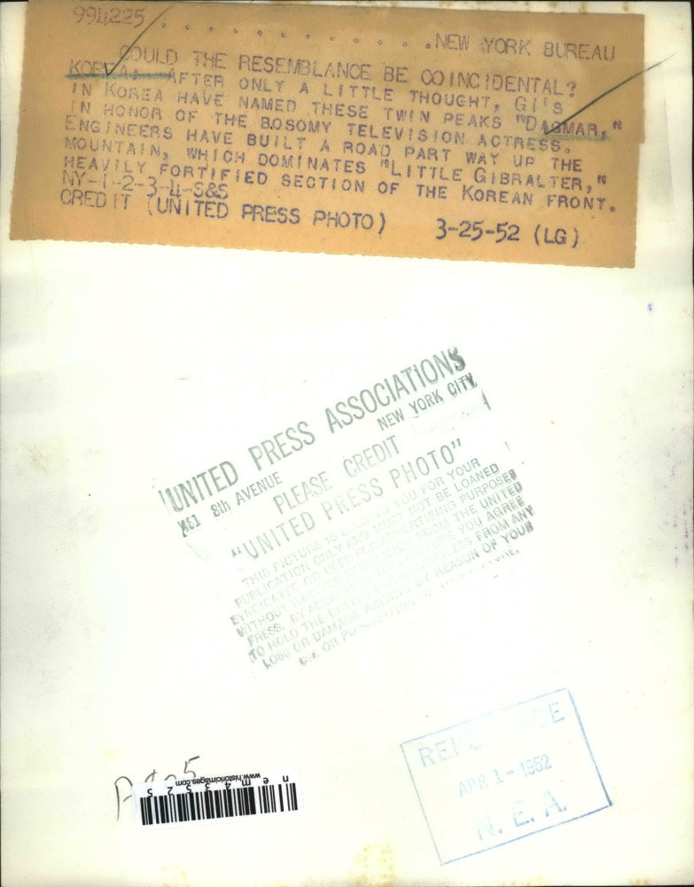 Load image into Gallery viewer, 1952 Press Photo Twin Peaks Named Dagmar by GIs in Korea - nem43525
