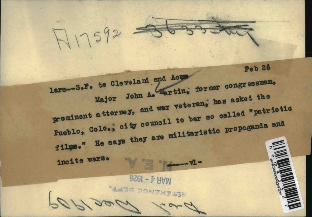 1926 Press Photo Maj John Martin Asks for Pueblo, Colorado Ban on Propoganda