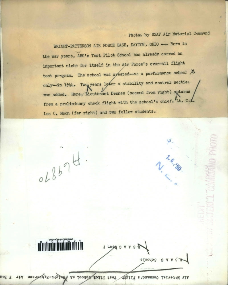 1950 Press Photo Wright Patterson AFB Ohio Test pilot school Lt Dennen & others