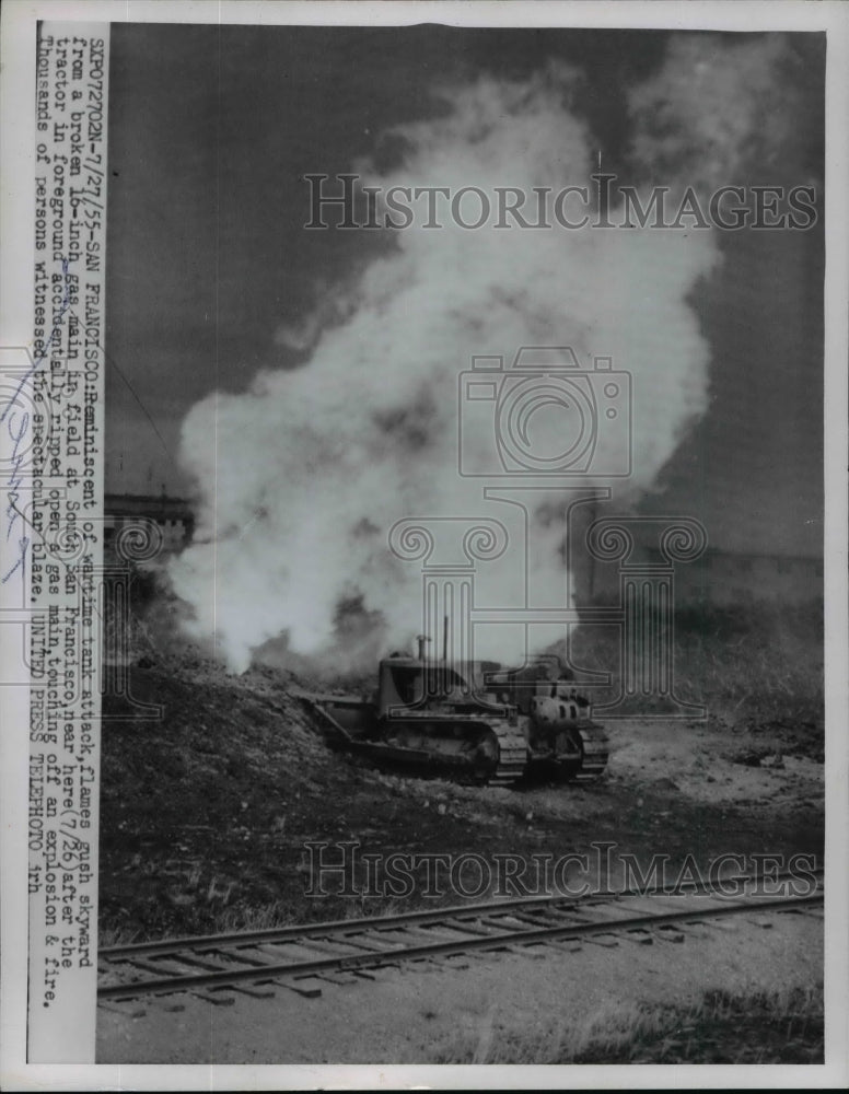 1955 Press Photo San Francisco gas main break on fire after explosion