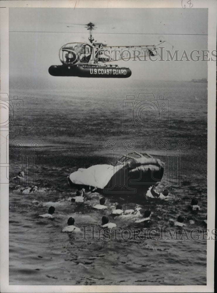 Press Photo U.S. Coast Guarg Helicopter Hovers Over Navy&#39;s New Rubber Life Boat- Historic Images