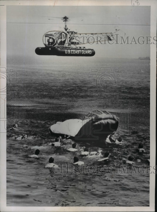 Press Photo U.S. Coast Guarg Helicopter Hovers Over Navy's New Rubber Life Boat- Historic Images