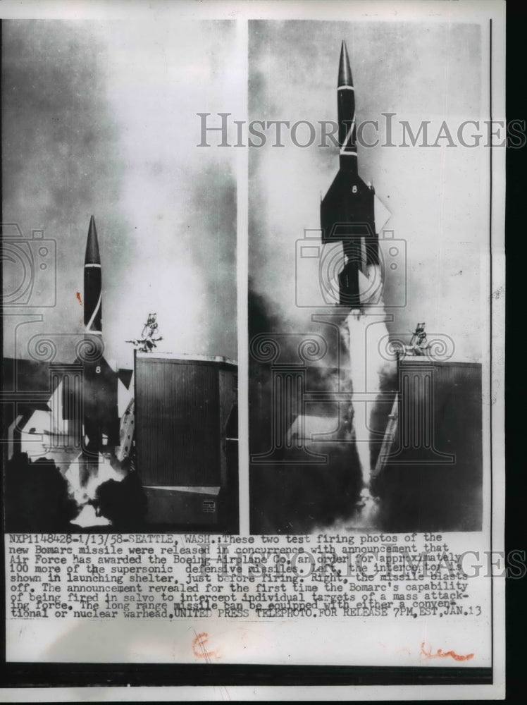 1958 Press Photo Test firings of new Bomarc supersonic missles by USAF