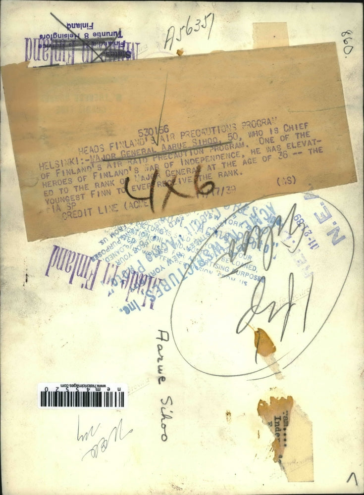 1933 Press Photo Maj Gen Aarue Sihoo Chief Finlands Air Raid Precaution Program