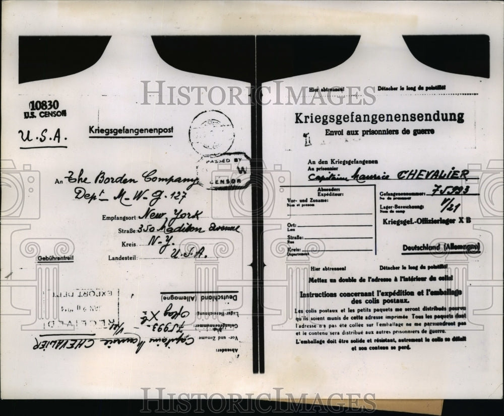 1944 Press Photo Prisoner of war letter allegedly signed by Maurice Chevalier