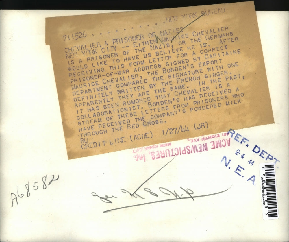 1944 Press Photo Prisoner of war letter allegedly signed by Maurice Chevalier