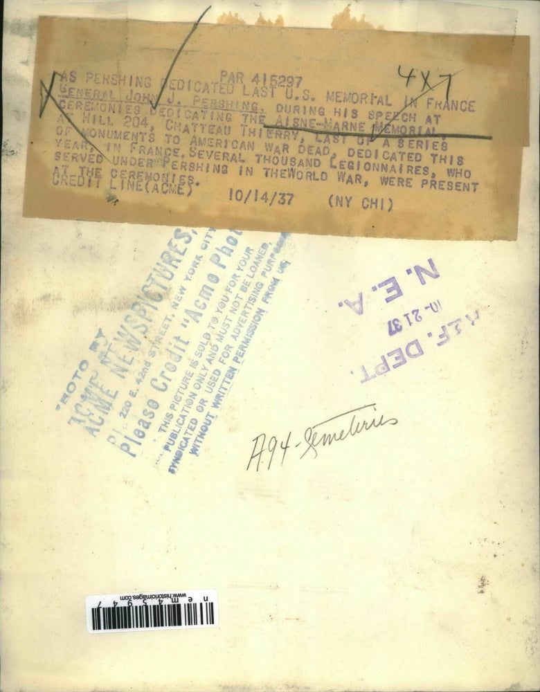 1937 Press Photo General Pershing Peaking at Aisne-Marnes Memorial France