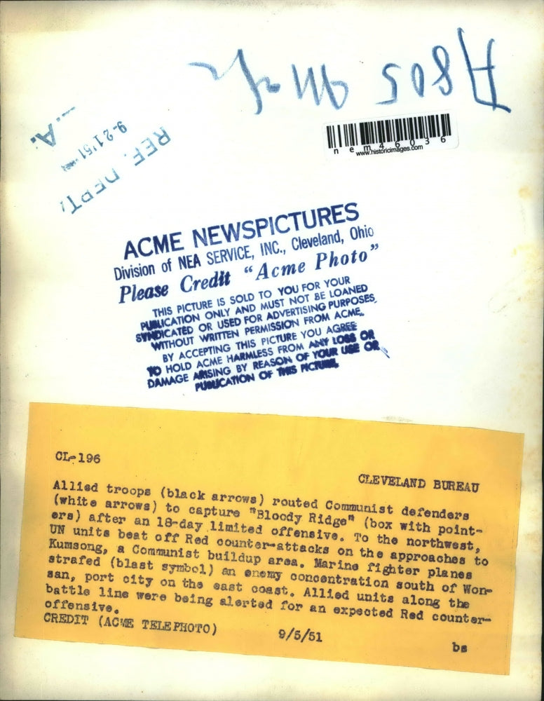 1951 Press Photo Allied Troops Routed Communist Defenders & Took "Bloody Ridge"