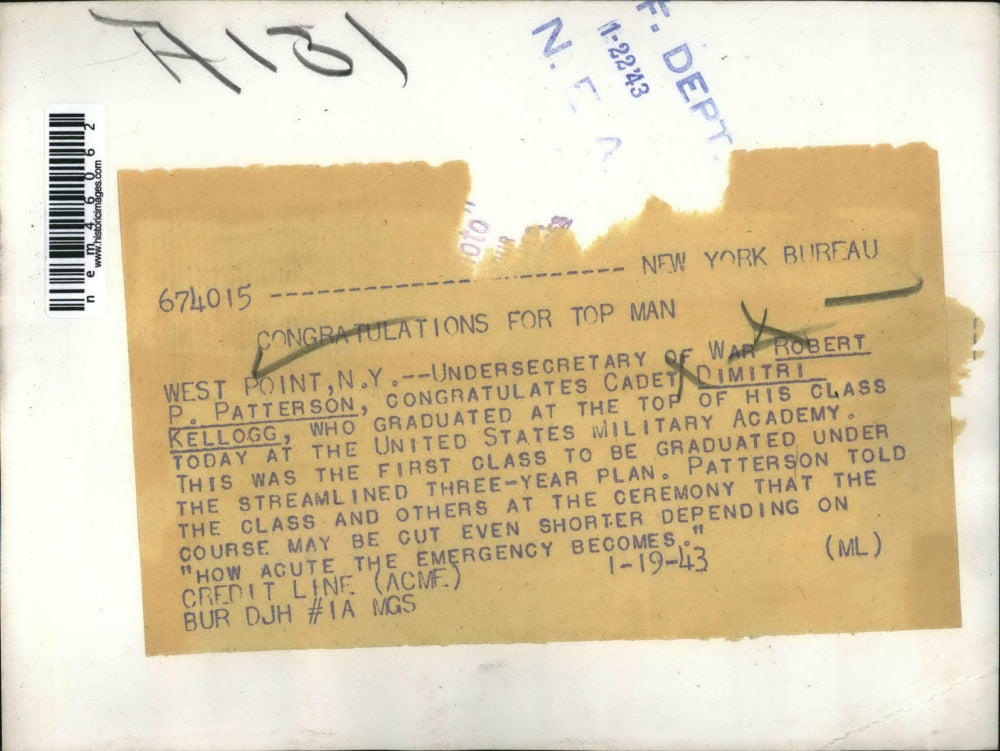 1943 Press Photo Undersecretary of War Patterson & Cadet Kellogg US Military Acd