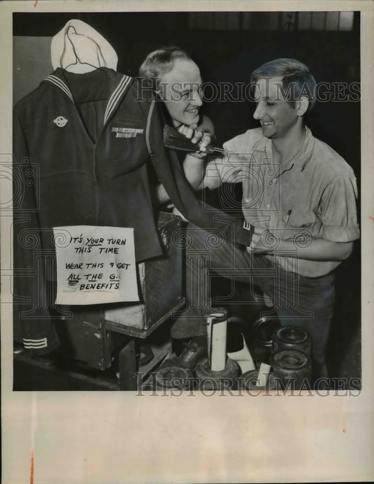 1950 Press Photo World War II Vets Took Uniforms to Work Euclid Road Machine Co