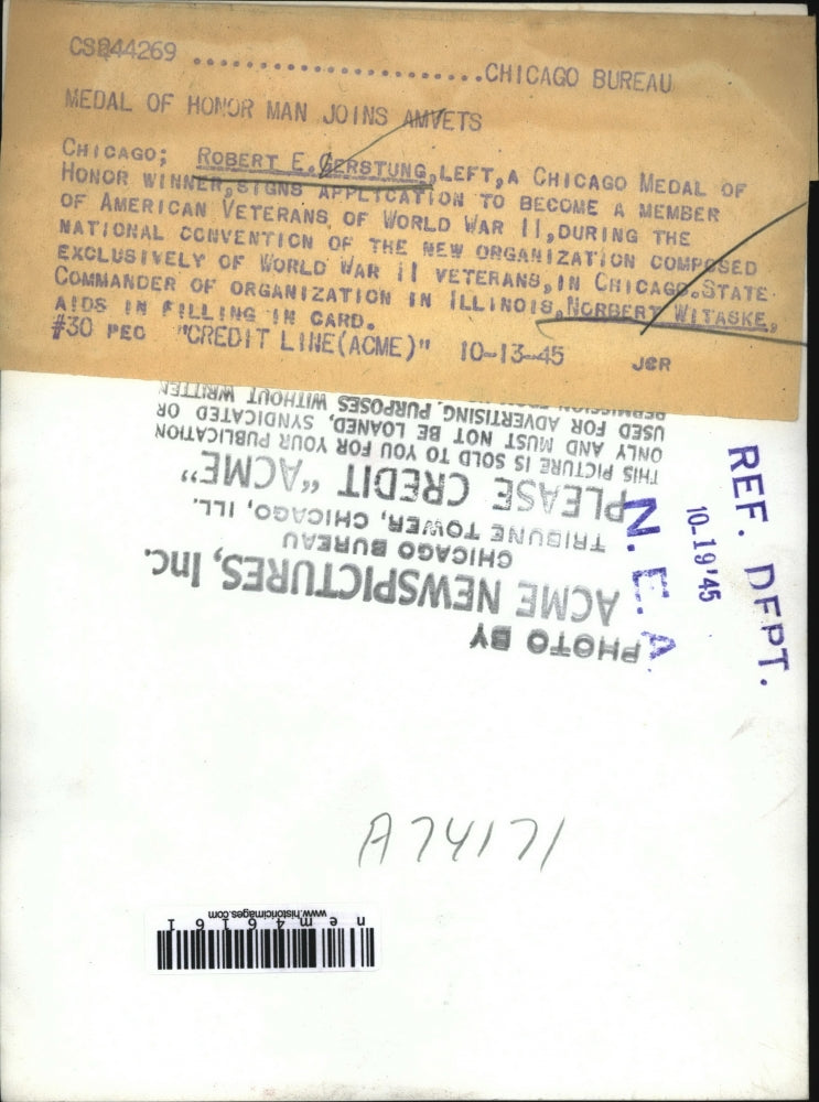 1945 Press Photo Robert Gerstung Medal Of Honor Recipient Joins AM Vets WWII