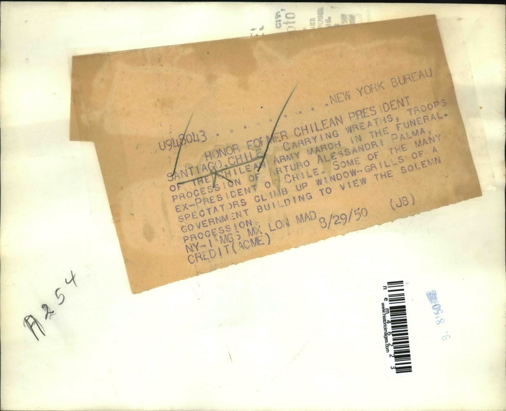 1950 Press Photo Chile Troops at Funeral Procession of Ex Pres Alessandri Palma