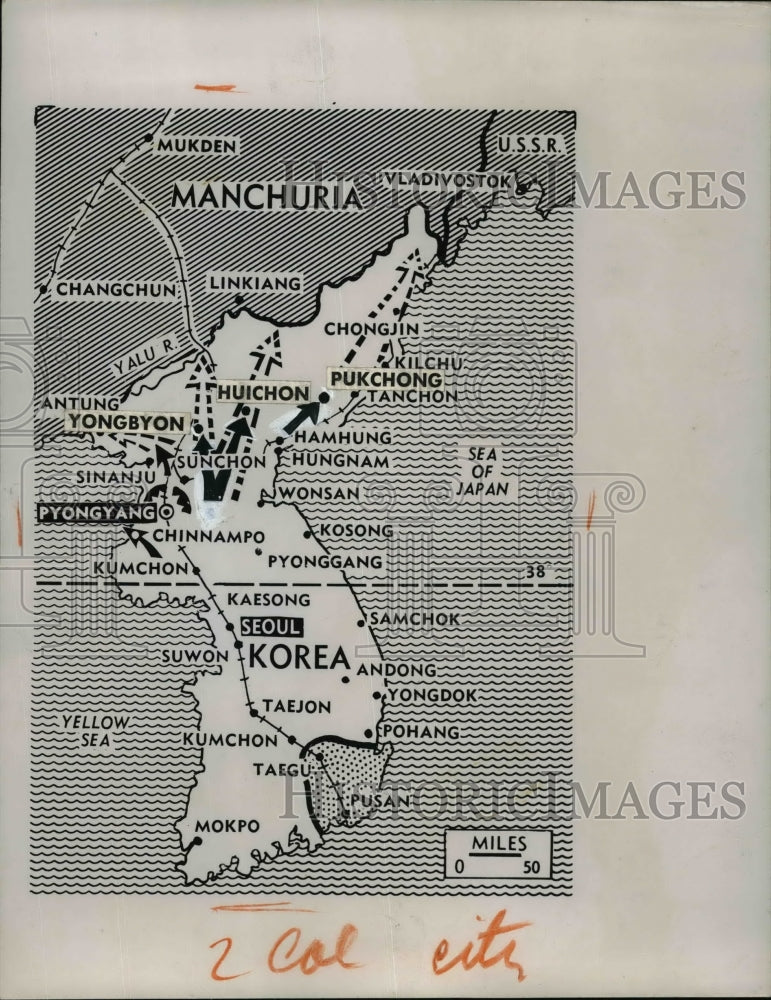 1950 Press Photo Map of Korea Showing Towns