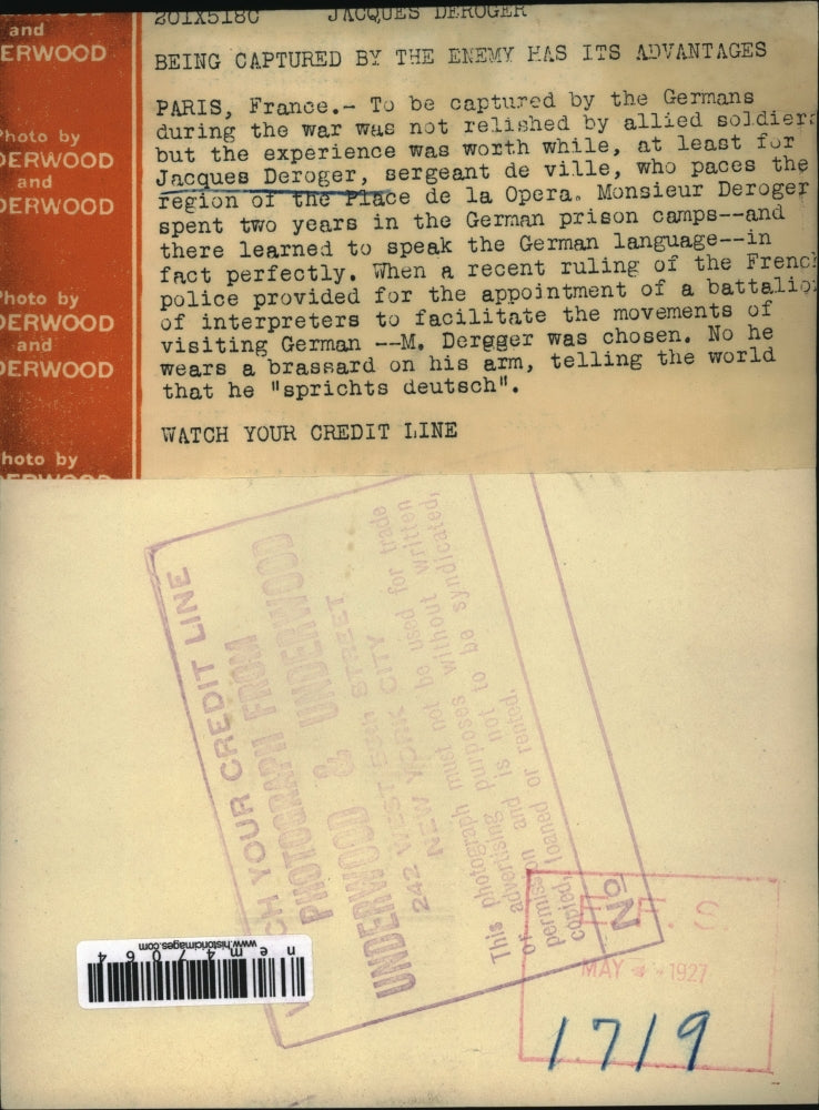 1927 Press Photo Jacques Deroger of France Former German Prisoner of War