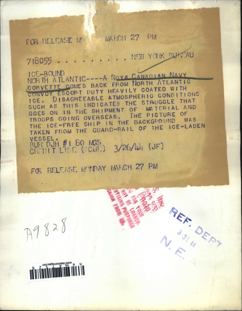 1944 Press Photo Royal Canadian Navy Corvette Comes Back From North Atlantic