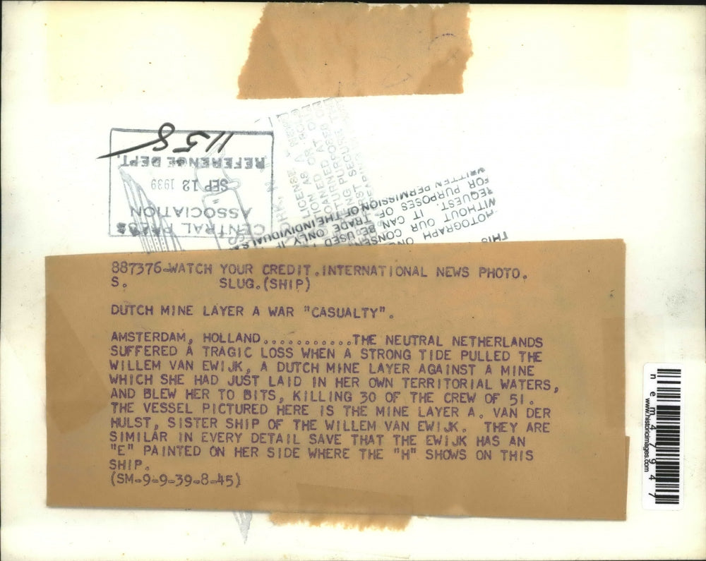 1939 Press Photo Willem van Ewijk Mine Layer Strikes Mine Killing 30 - nem47947