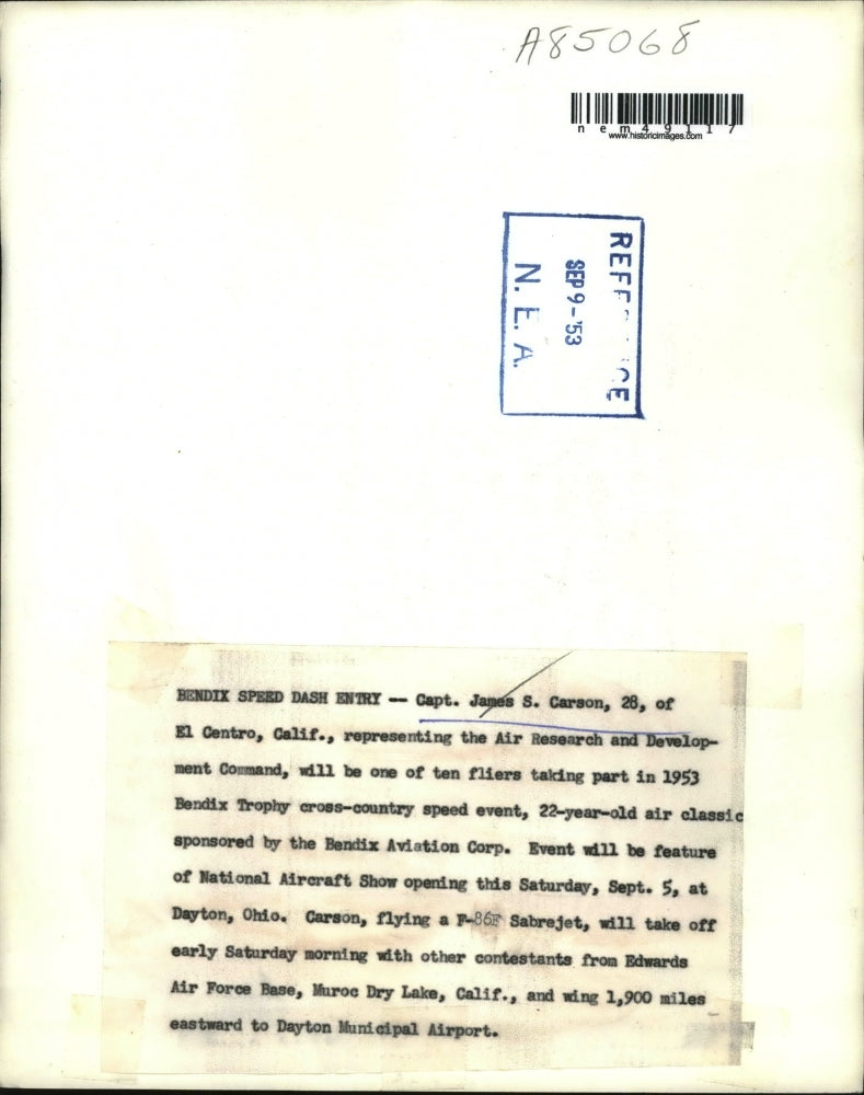 1953 Press Photo Capt James Carson, One of 10 Flyers Taking Part in Bendix Event