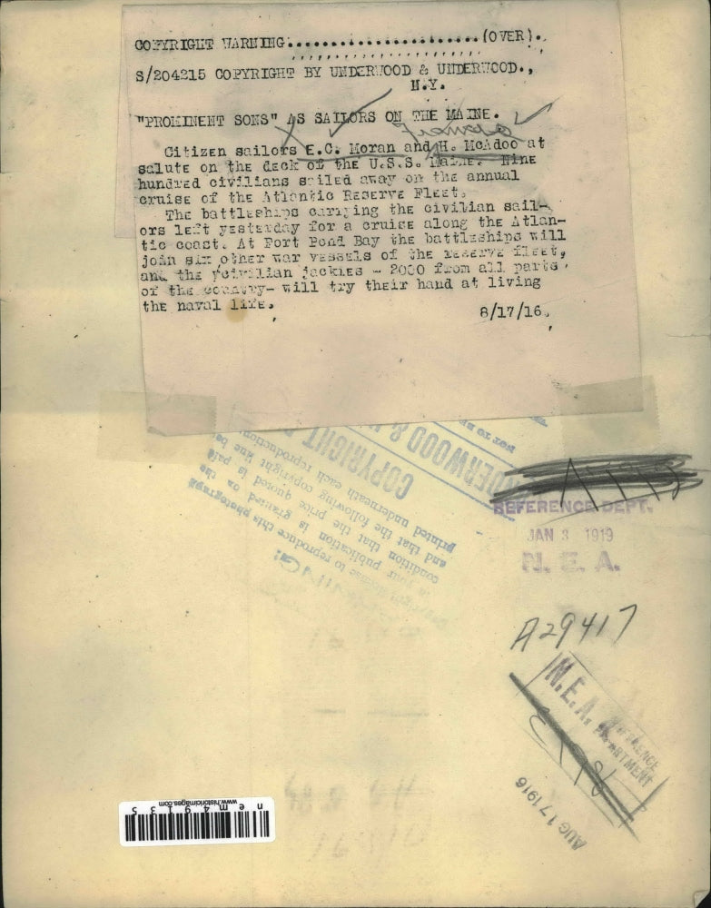 1916 Press Photo Citizens Sailors E.C. Moran and H.McAdoo on the U.S.S. Maine