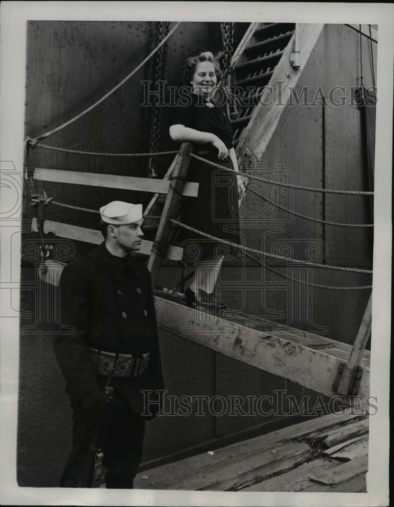 1941 Press Photo Mrs.Louie Neilsen aboard Danish Boat docked at Port Bayon- Historic Images