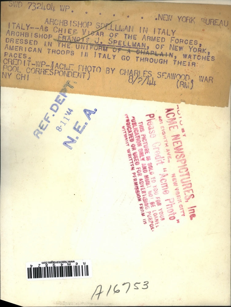 1944 Press Photo Italy Chief Vicar Archbishop Francis J Spellman of NY