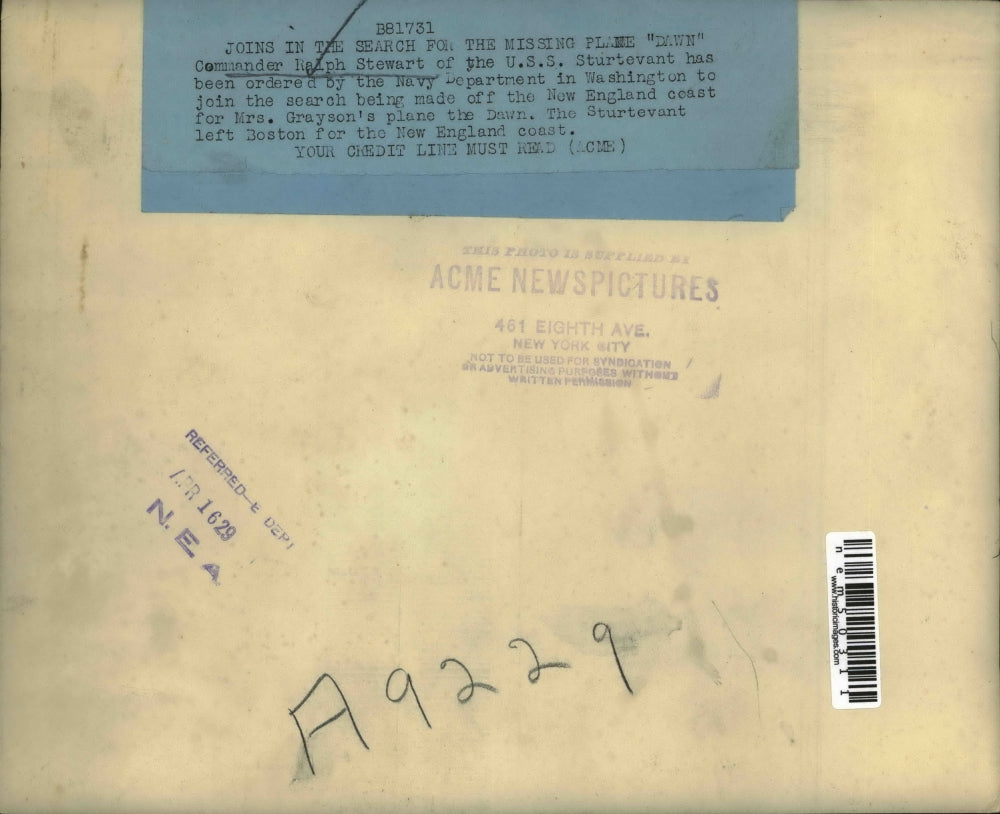 1929 Press Photo Commander Ralph Stewart of USS Sturtevant to search for plane