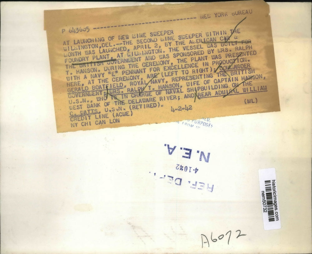 1942 Press Photo American Car & Foundry Plant Launch Second Minesweeper