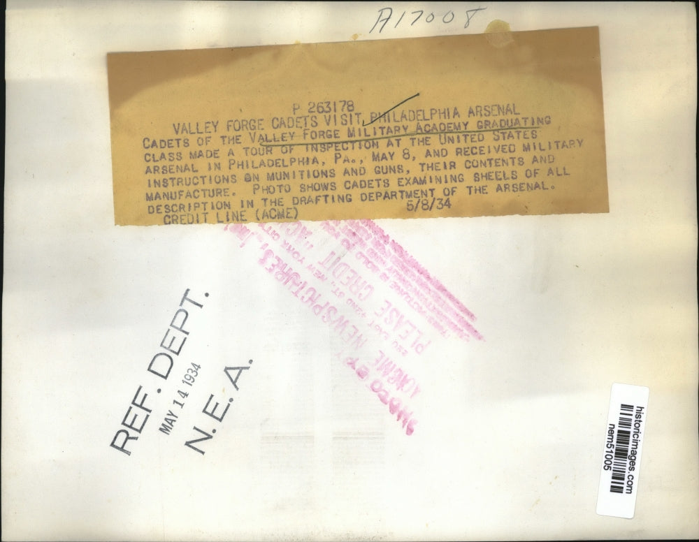 1934 Press Photo Cadets of Valley Forge Make Tour of Inspection at U.S. Arsenal