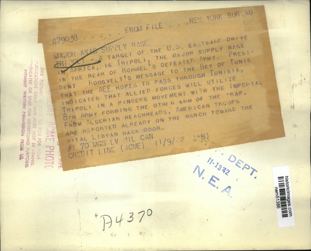 1942 Press Photo Tripoli Major Supply Base in Rear of Rommel's Defeated Army