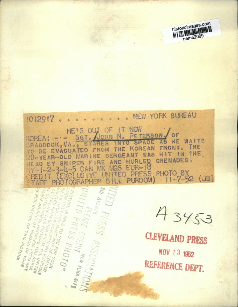 1952 Press Photo Sgt John Peterson as he is evacuated from the Korean Front