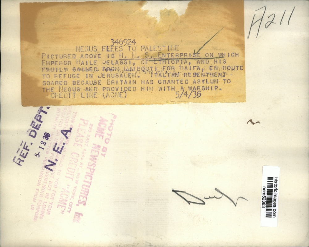 1936 Press Photo HMS Enterprise carries Emperor Haile Selassi of Ethiopia