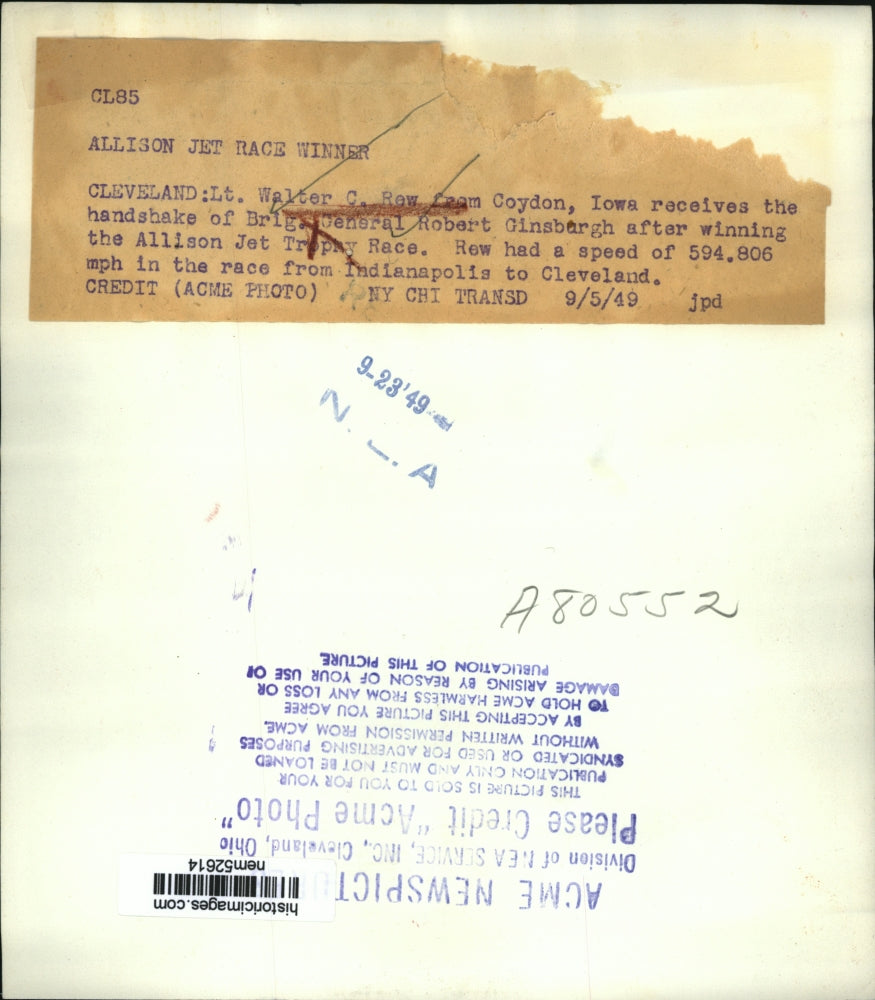 1949 Press Photo Lt Walter Rew wins Allison Jet Trophy Race in Cleveland