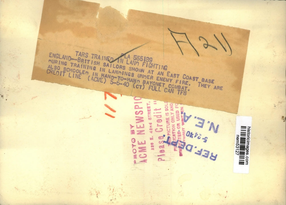 1940 Press Photo British Sailors during bayonet training in East Coast Base