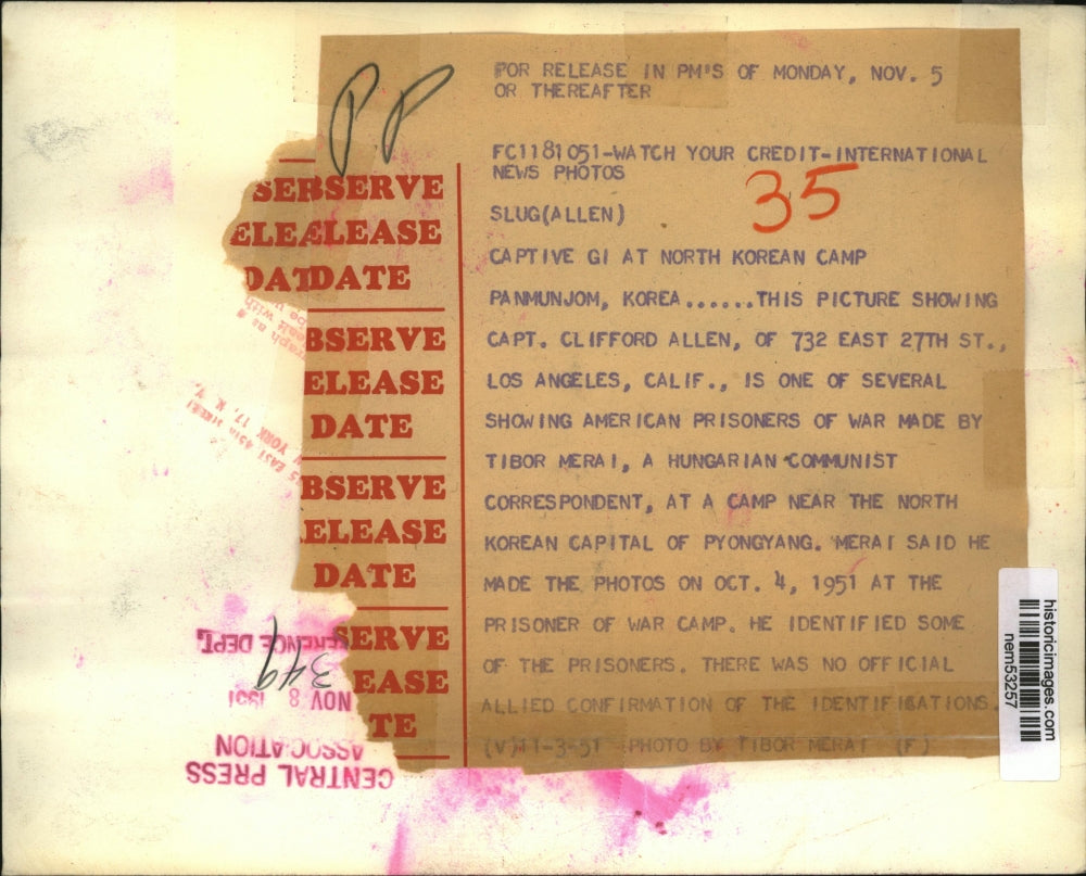 1951 Press Photo Capt Clifford Allen US POW at Panmunjom Korea - nem53257