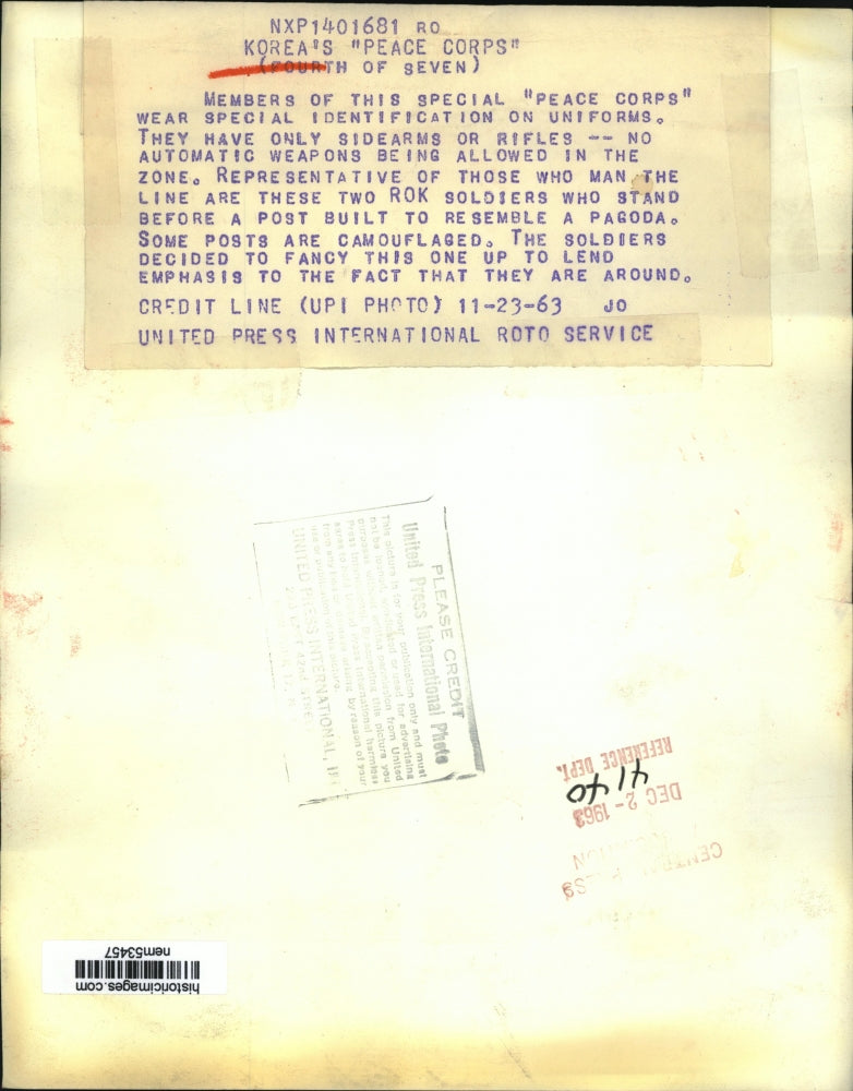 1963 Press Photo Korea's Peace Corps wear Identification on their Uniforms